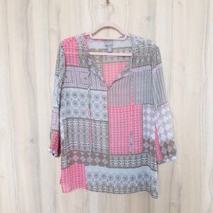 Chico's Women Patchwork Blouse L Pink Tan Sheer 3/4 Sleeve Boho Lightweight Airy